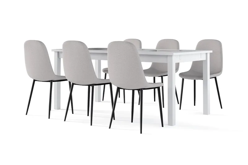 Jasmin Förlängningsbart Matbord 180 cm +  6 st Nibe stol grå med svarta ben, Vit/Grå