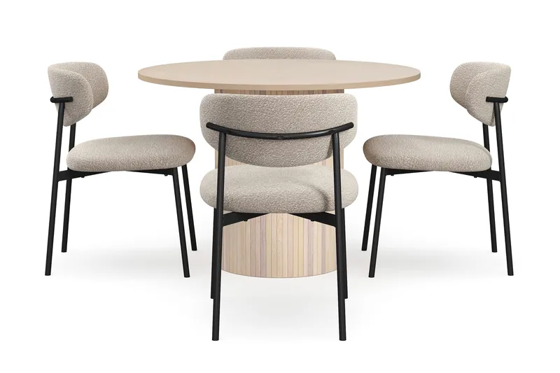 Kopparbo Matbord 106 cm med 4 Lucy Matstolar - White / Greige Bouclé / Metallben Svart - Products - Möbler - Bord & matgrupp - Matgrupp