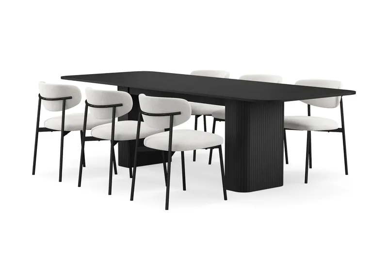 Kopparbo Matbord 180-240 cm Förlängningsbart med 6 Lucy Matstolar, Svart / Vit Bouclé / Metallben Svart