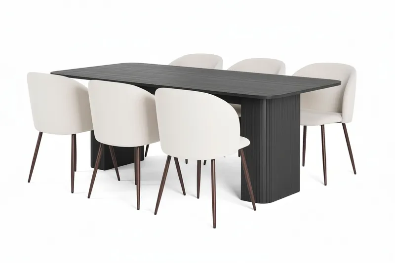 Kopparbo Matbord 200-260 cm Förlängningsbart med 6 Greya Matstolar med armstöd, Svart / Vit Bouclé / Metallben Valnöt