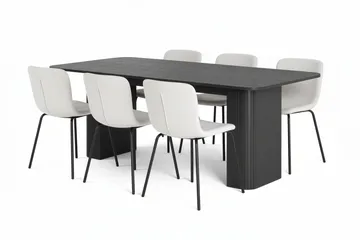 Kopparbo Matbord 200-260 cm Förlängningsbart med 6 Katy Matstolar - Svart / Vit Bouclé / Metallben Svart - Products - Möbler - Bord & matgrupp - Matgrupp