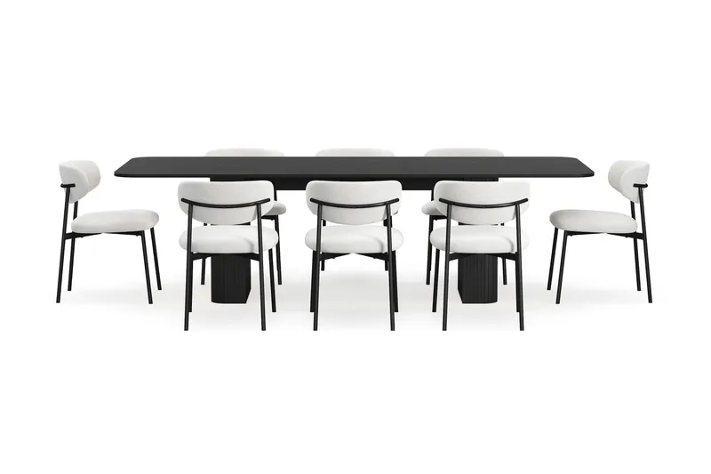 Kopparbo Matbord 200-260 cm Förlängningsbart med 8 Lucy Matstolar - Svart / Vit Bouclé / Metallben Svart - Products - Möbler - Bord & matgrupp - Matgrupp
