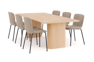 Kopparbo Matbord 200-260 cm Förlängningsbart med illäggsskiv med 6 Katy Matstolar - Vit / Greige Bouclé / Metallben Svart - Products - Möbler - Bord & matgrupp - Matgrupp