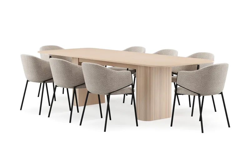 Kopparbo Matbord 200-260 cm Förlängningsbart med illäggsskiv med 8 Filip Matstolar - Vit / Taupe Bouclé - Products - Möbler - Bord & matgrupp - Matgrupp