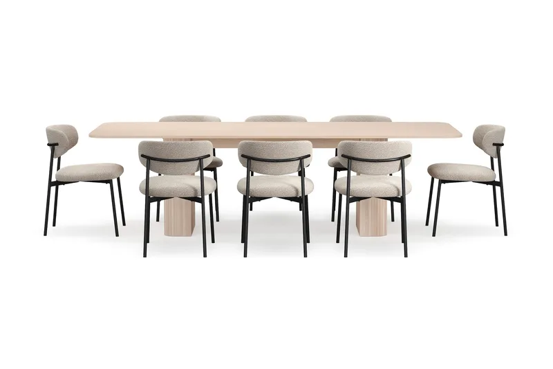 Kopparbo Matbord 200-260 cm Förlängningsbart med illäggsskiv med 8 Lucy Matstolar - Vit / Greige Bouclé / Metallben Svart - Products - Möbler - Bord & matgrupp - Matgrupp