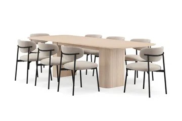 Kopparbo Matbord 200-260 cm Förlängningsbart med illäggsskiv med 8 Lucy Matstolar, Vit / Greige Bouclé / Metallben Svart