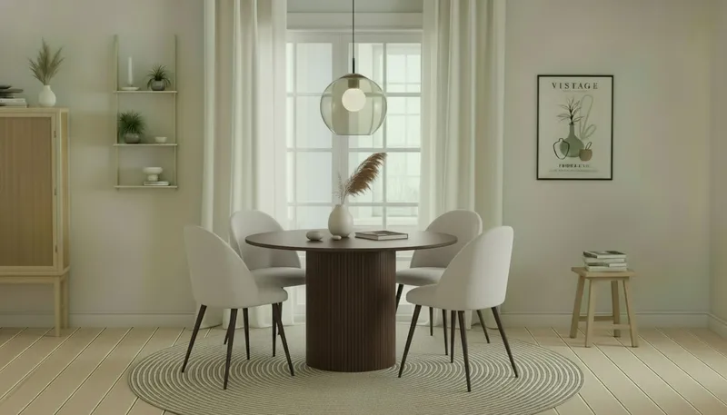 Kopparbo Runt Matbord 120 cm med 4 Nibe Plus Matstolar - Mörkbrun / Vit Bouclé / Metallben Valnöt - Products - Möbler - Bord & matgrupp - Matgrupp