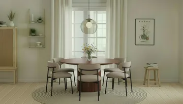 Kopparbo Runt Matbord 150 cm med 6 Lucy Matstolar - Valnöt / Greige Bouclé / Metallben Svart - Products - Möbler - Bord & matgrupp - Matgrupp