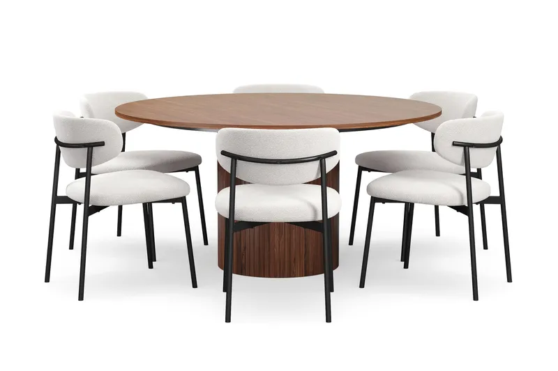 Kopparbo Runt Matbord 150 cm med 6 Lucy Matstolar, Valnöt / Vit Bouclé / Metallben Svart