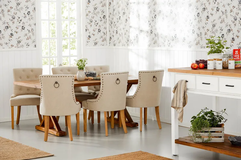 Lyon Förlängningsbar Matgrupp 200 cm med 6 Viktoria Fåtölj - Brunt Trä / Natur Beige - Products - Möbler - Bord & matgrupp - Matgrupp