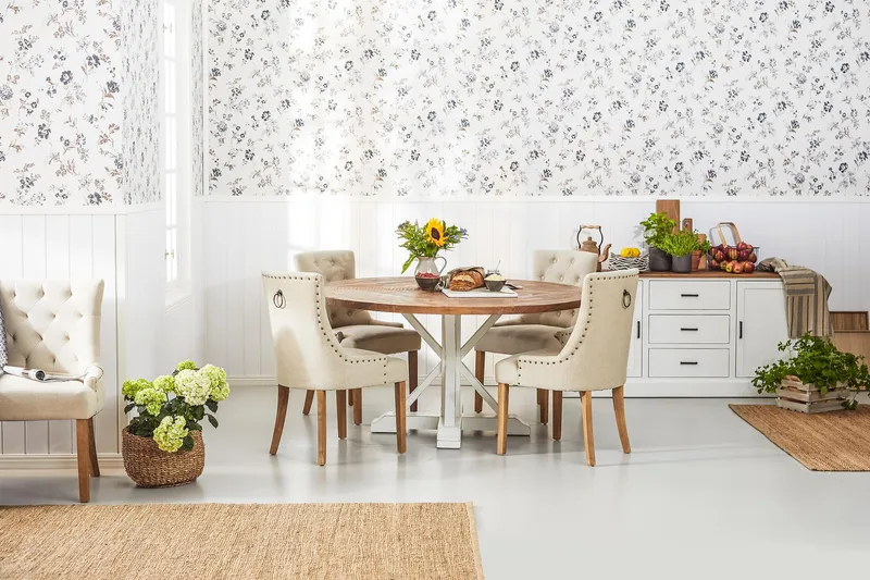 Lyon Matgrupp Ø150 cm Rund med 4 st Viktoria Stolar - Vintage Natur/Vit/Beige - Products - Möbler - Bord & matgrupp - Matgrupp