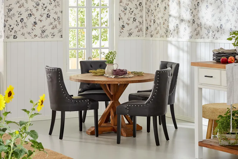 Lyon Matgrupp Rund med 4 st Tuva Fåtölj Konstläder - Trä/Svart PU - Products - Möbler - Bord & matgrupp - Matgrupp