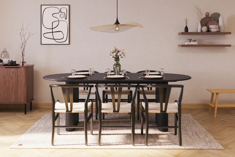 Noira Matgrupp 220 cm Massiv Ek med 6 Dastoori Matstol - 2220067-6,2206123-1 - Svart - Products - Möbler - Bord & matgrupp - Matgrupp