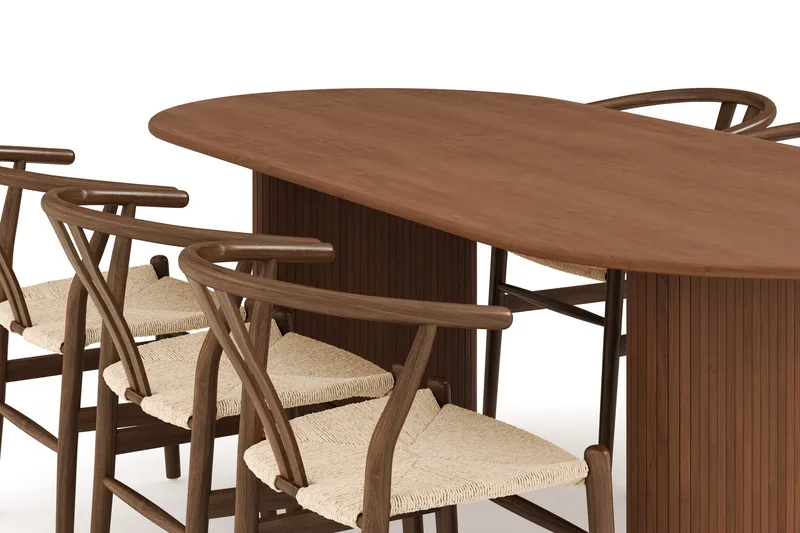 Noira Matgrupp 220 cm Massiv Valnöt med 6 Dastoori Matstolar - Ribbad / Natur / Mörkbrun / Brunt Trä - Products - Möbler - Bord & matgrupp - Matgrupp