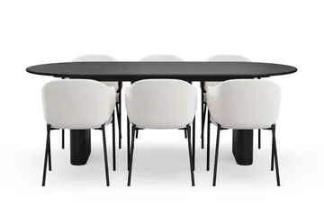 Noira Ovalt Matbord 220 cm med 6 Filip Matstolar - Svart / Vit Bouclé - Products - Möbler - Bord & matgrupp - Matgrupp