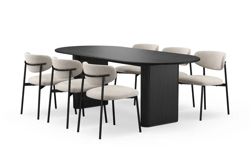 Noira Ovalt Matbord 220 cm med 6 Lucy Matstolar, Svart / Greige Bouclé / Metallben Svart
