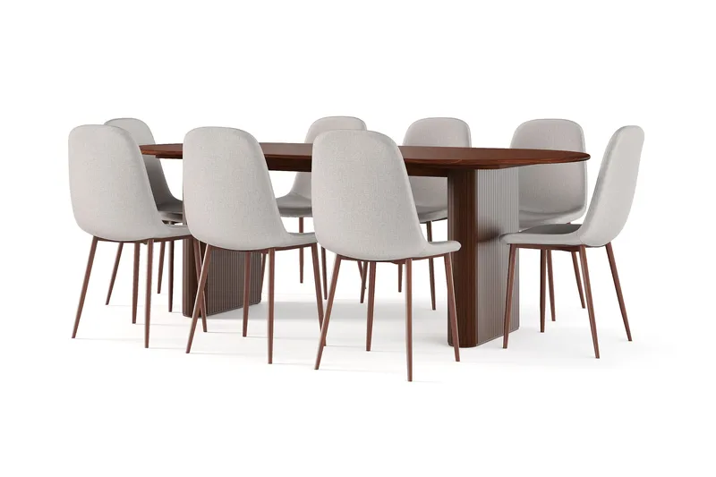 Noira Ovalt Matbord 220 cm Valnöt +  8 st Nibe stol beige med valnöt ben, Brun/Beige