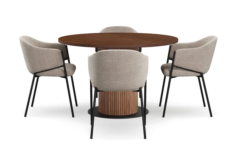 Noira Runt Litet Matbord Massiv Valnöt 120 cm med 4 Filip Matstolar - Brun / Taupe Bouclé - Products - Möbler - Bord & matgrupp - Matgrupp