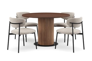 Noira Runt Litet Matbord Massiv Valnöt 120 cm med 4 Lucy Matstolar - Brun / Greige Bouclé / Metallben Svart - Products - Möbler - Bord & matgrupp - Matgrupp