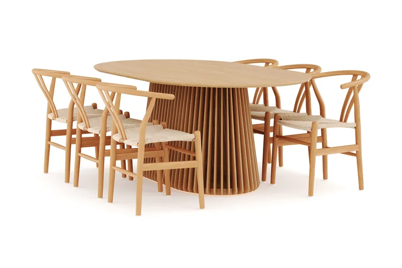 Peyra Matgrupp 200 cm Ovalt Ek med 6 Dastoori Matstolar, Natur