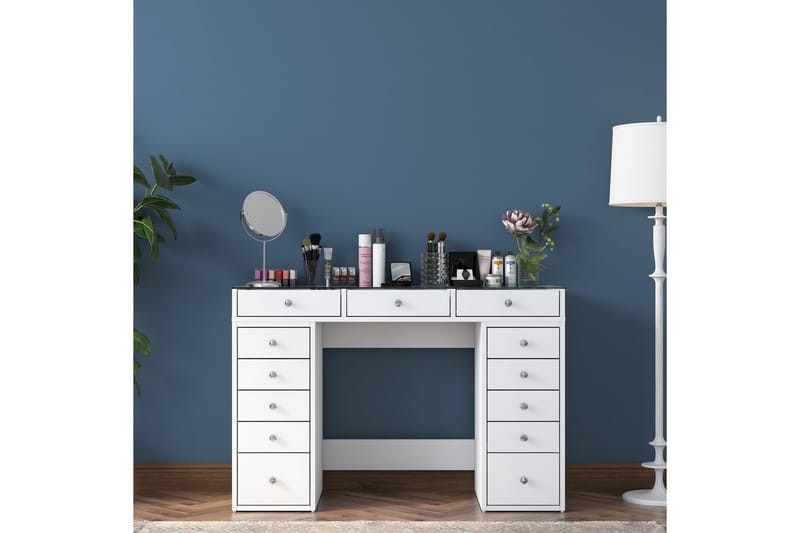 Ramender Sminkbord med förvaring Bordsskiva Glas 120 cm - Vit - Products - Möbler - Bord & matgrupp - Sminkbord & toalettbord