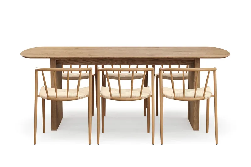 Richeto Matbord 210 cm med 6 Winston Matstolar - Naturlig finish / Beige / Metallben Ek - Products - Möbler - Bord & matgrupp - Matgrupp