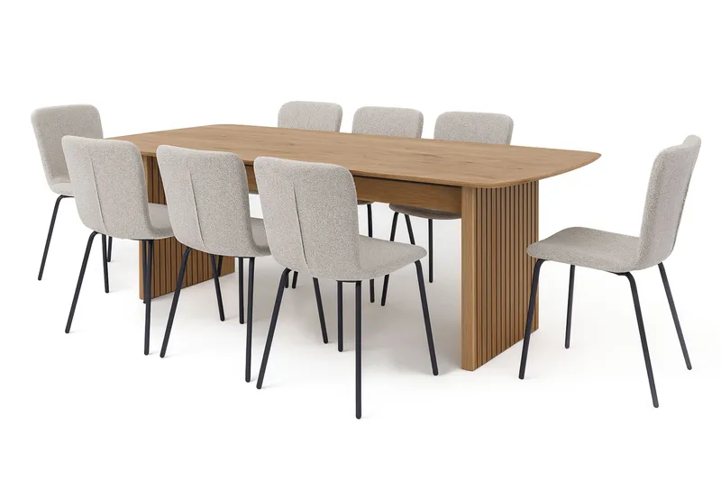Richeto Matbord 240 cm med 8 Katy Matstolar, Naturlig finish / Greige Bouclé / Metallben Svart