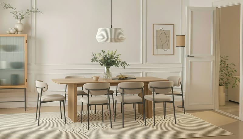 Richeto Matbord 240 cm med 8 Lucy Matstolar - Naturlig finish / Greige Bouclé / Metallben Svart - Products - Möbler - Bord & matgrupp - Matgrupp