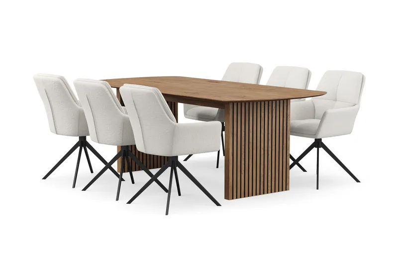 Richeto Matgrupp 210 cm med 6 Torsby Snurrstolar, Naturlig finish/Ljusbeige