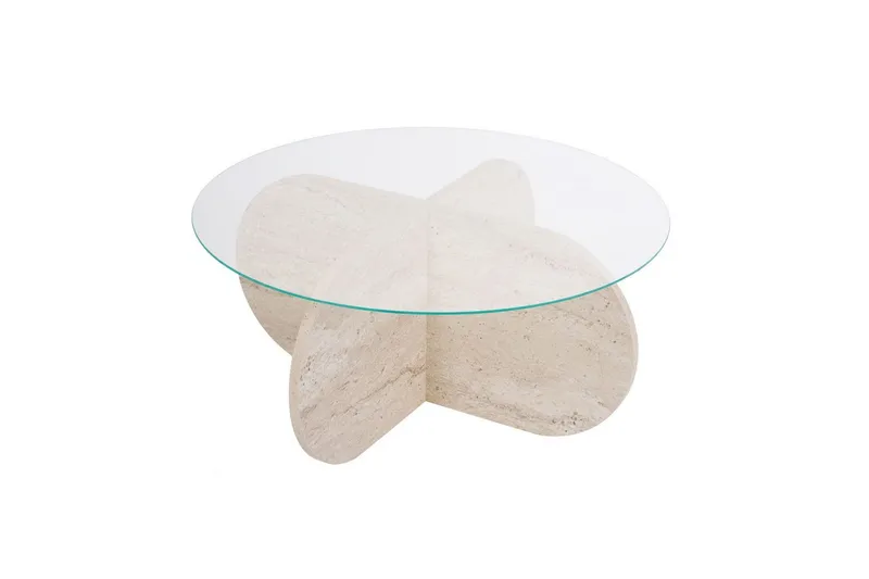 Soffbord Aeris 75 cm med Glasskiva, Travertin / Transparent