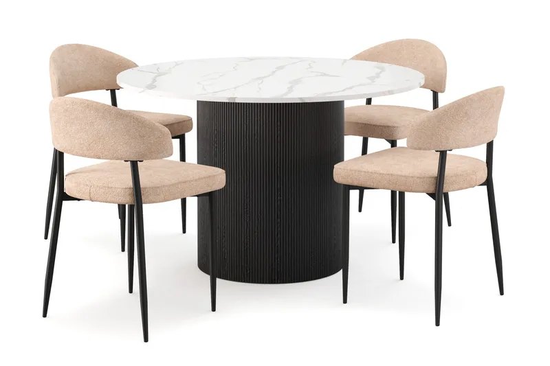 Uppveda Matbord 120 cm Rund med 4 st Jairam Matstolar, Svart/Vit