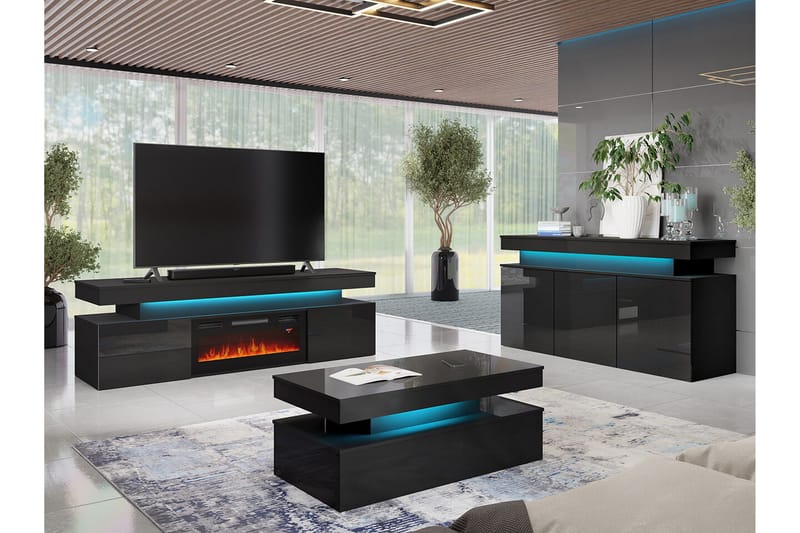 Glenndale Tv bänk med Förvaring + LED kamin + Belysning 190 - Svart - Products - Möbler - TV- & Mediamöbler - TV-skåp