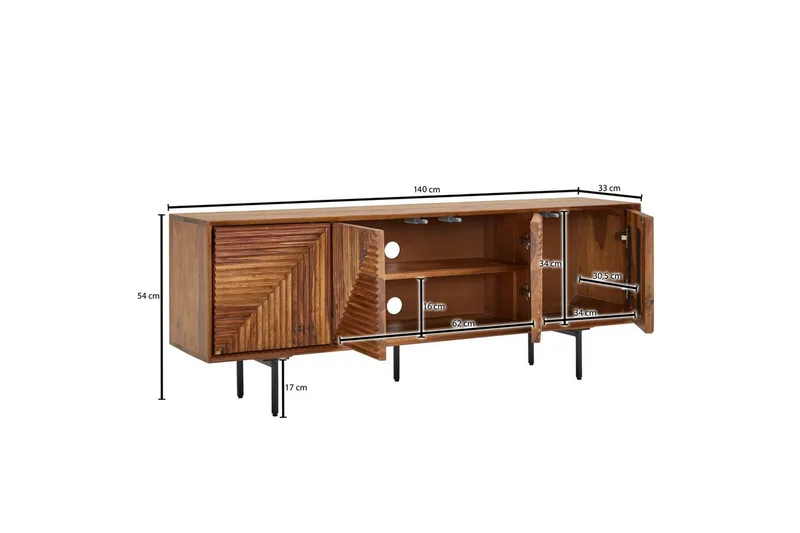 Lowboard Wohnling Massivt trä med förvaring, 4 dörrar, tryck för att öppna, lantlig stil - Products - Möbler - TV- & Mediamöbler - TV bänk & mediabänk