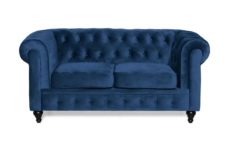 Chesterfield Lyx 2-sits Liten sammetssoffa - Djup soffa 160 cm bred, Blå Sammet