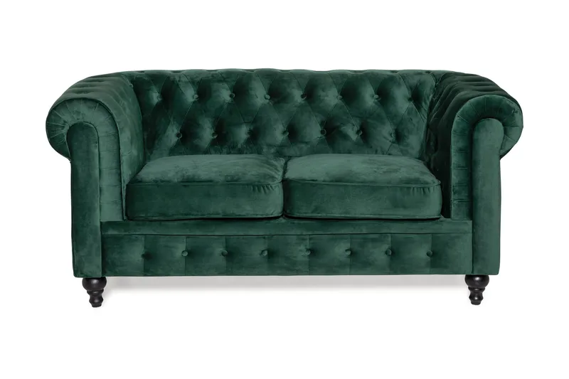 Chesterfield Lyx 2-sits Liten sammetssoffa - Djup soffa 160 cm bred, Mörkgrön