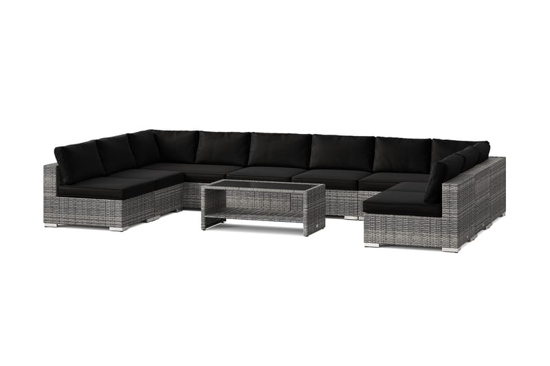 Bahamas U-formad utomhus loungegrupp med öppet avslut, 9-sits med bord och hylla, Grå