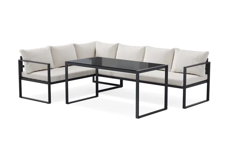Silvia Loungegrupp i metall utomhus med soffbord med glasskiva och soffa med vita dynor - Svart - Products - Utemöbler & utemiljö - Loungemöbler - Loungeset & loungegrupp