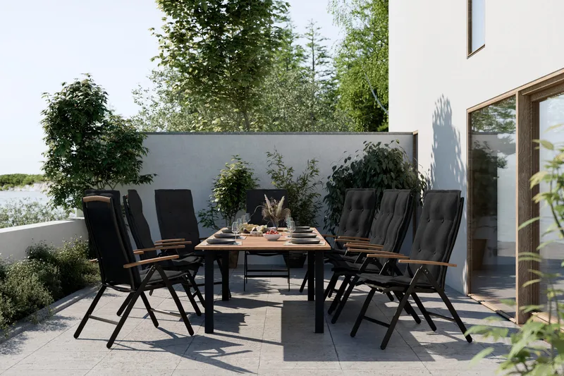 Las Vegas Matgrupp 220-280x100+ 8 Stolar m Dyna - Svart/Teak - Products - Utemöbler & utemiljö - Utegrupp - Matgrupp utomhus