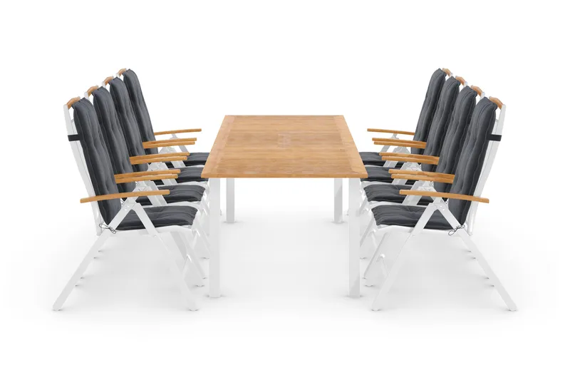 Las Vegas Matgrupp Utomhus 220-280 + 8 Positionsstol Lyx m Dyna, Vit/Teak/Vit/Teak/Grå