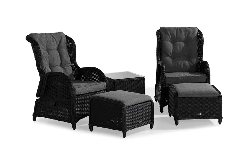 Marcus Caféset med 2 Reclinerfåtöljer Utomhus m Dyna, Svart