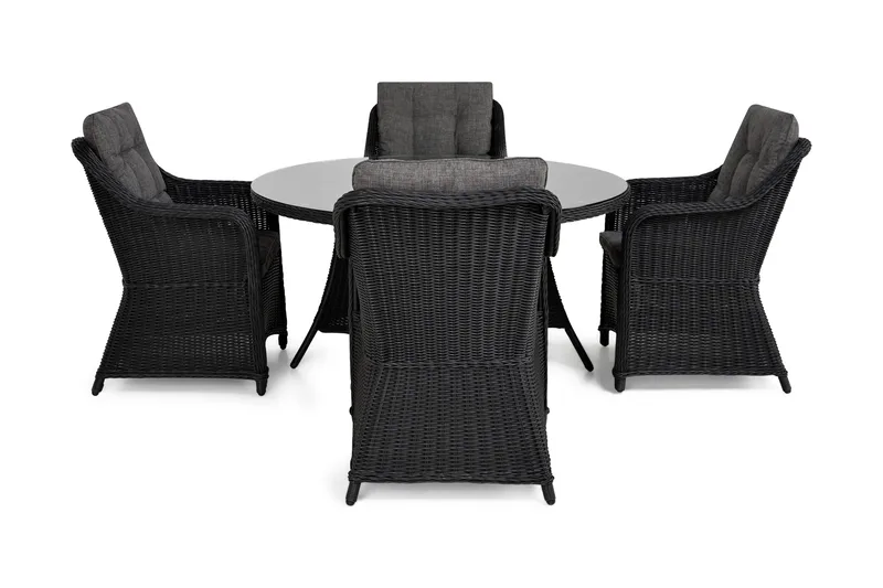 Marcus Matgrupp 140 Rund + 4 Fåtöljer m Dyna, Svart