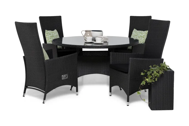 Thor Matgrupp Ø140 + 4 Jenny Ställbar Fåtölj m Dyna, Svart