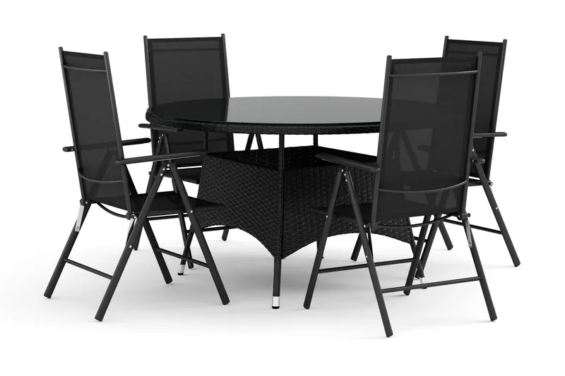 Thor utomhus rund matgrupp 140 cm med 4 Maggie positionsstolar, Svart